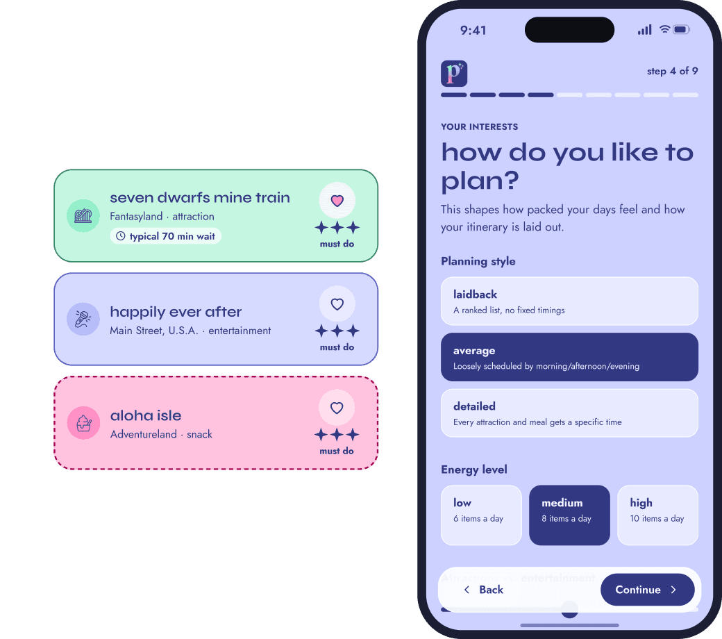 Profile builder: how do you like to plan, with matching ride, show and snack cards