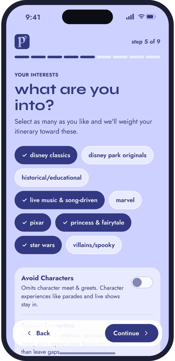 Profile builder, step 5 of 9: what are you into? Classics, Pixar, princess & fairytale, Star Wars and live music picked