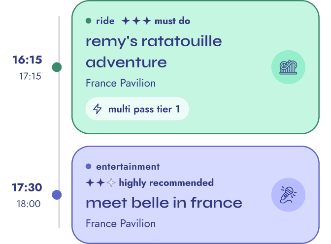 Detailed view: Remy's Ratatouille Adventure at 16:15, then Meet Belle in France at 17:30